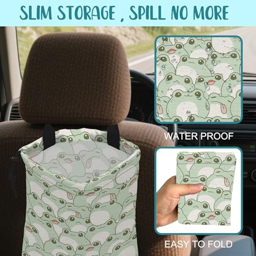 Image of Car Garbage Bag Cute Frog Kiddie Hanging Canvas Car Trash Bag Waterproof Drawstring Car Back Seat Organizer for Car Back Front Seat Console with Adjustable Buckle