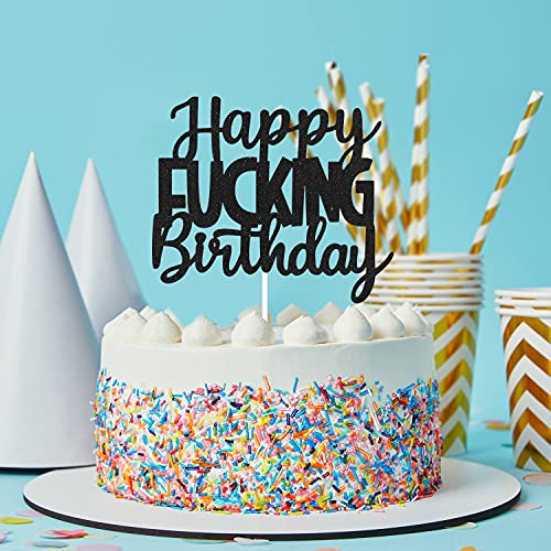 Happy Fuxking Birthday Cake Topper - Funny Black Glitter Fabulous Birthday Cake Supplies - Adult Birthday Party Cake Decorations #TOP2