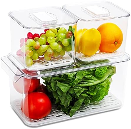 REFSAVER Fridge Storage Containers Produce Saver Stackable Refrigerator Organizer Bins with Removable Drain Tray Fridge Organizer for Fruits and Vegetables 3 Pack
