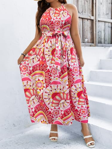 Image of Floerns Women's Plus Size Boho Sleeveless Halter Neck Tie Back A Line Long Dress