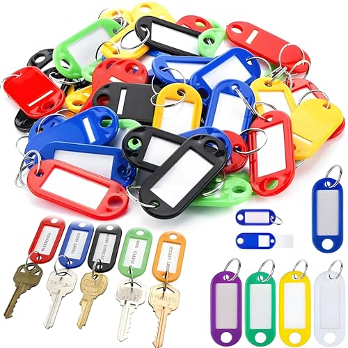 Retoo 100 porta-chaves de plástico coloridos para escrever, etiquetas para chaves personalizadas de plástico com identificação, chaves com anel para escrever para hotéis, bagagem, animais de estimação