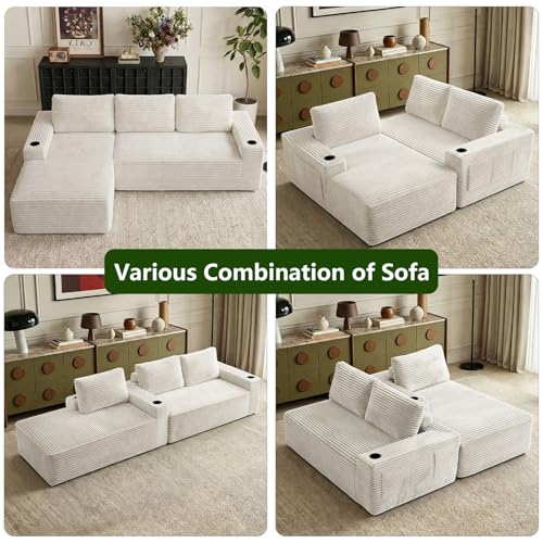 Image of 104.3 inch Modular Sectional Sofa,Modern Corduroy Cloud Couch with Cup Holder & Side Pockets,Boneless Couch Upholstered 3-Seater L-Shaped Sofa for Living Room,No Assembly (White, Left-Facing Chaise) | with Cup Holder