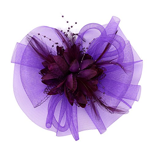 Girls Fascinators Hat Cocktail Tea Party Hair Clip Veil Headband Wedding Bridal Flower Hat Headwear Vintage Headpiece Purple #TOP1