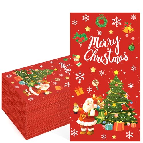 Christmas Napkins Disposable Hand Towels for Bathroom Christmas Cocktail Napkins Snowflake Santa Paper Napkin Guest Napkin for Xmas Winter Holiday Dinner Kitchen Party Decorations Supplies, 50 Pack