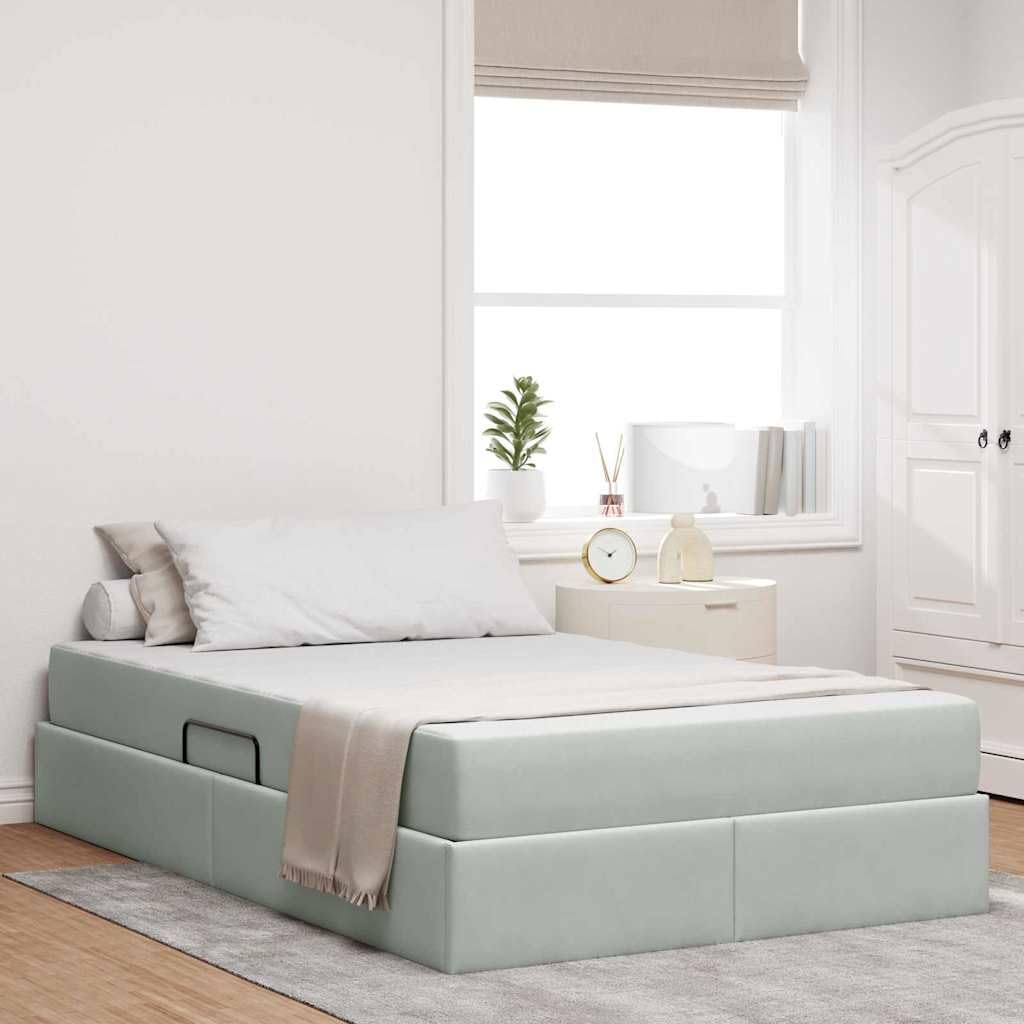 Cama de almacenamiento con colchón, color gris claro, 120 x 200 cm, terciopelo, con elevador lateral hidráulico, moderno mueble de dormitorio, solución de ahorro de espacio