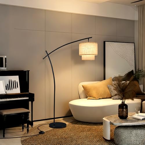 Image of Lightdot Arc Floor Lamp for Living Room, Modern Standing Tall Lamps with Double Linen Shade, Tall Hanging Pole Lamp with Stable Base & Bulb Included for Bedroom /Sofa Beside /Corner Decor-Black