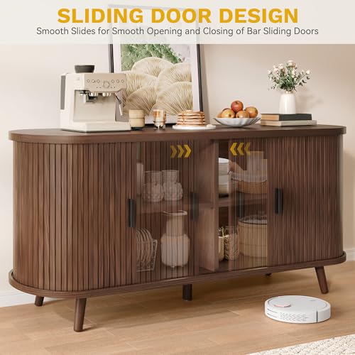 DWVO Fluted Sideboard Buffet Cabinet with Storage,54.3" Wide Curvy Edge Accent Storage with Sliding Door & Adjustable Shelf, Mid Century Modern Console for Living Room, Kitchen, Hallway-Walnut