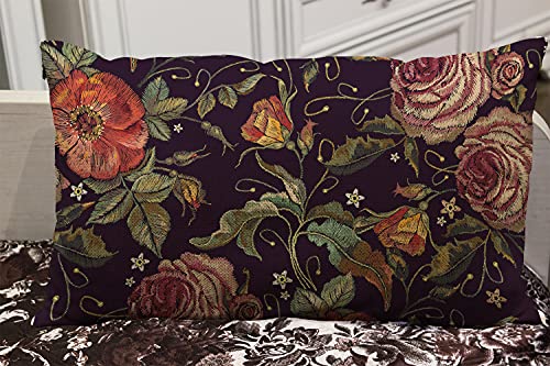 Wozukia Roses And Peonies Throw Pillow Cover Wild Red Roses And Pink Peonies Flowers Renaissance Floral Leaves Blossom Romantic Wildflower Cotton Linen Rectangular Pillowcase For Sofa And Bed 12"X20" #TOP3