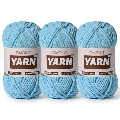 Image of 3 Packs Plush Chenille Chunky Crochet Yarn - Baby Yarn for Crocheting Soft - Velvet Yarns Knitting for Blankets Crafts - Fluffy Amigurumi Yarns 300g / 393yd (3 Azure)