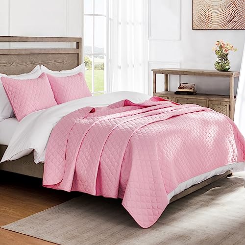 Exclusivo Mezcla Reversible King Size Quilt Bedding Set with Pillow Shams, Lightweight Quilts King Size, Soft Bedspreads Bed Coverlets for All Seasons - (Bright Pink, 104"x96")