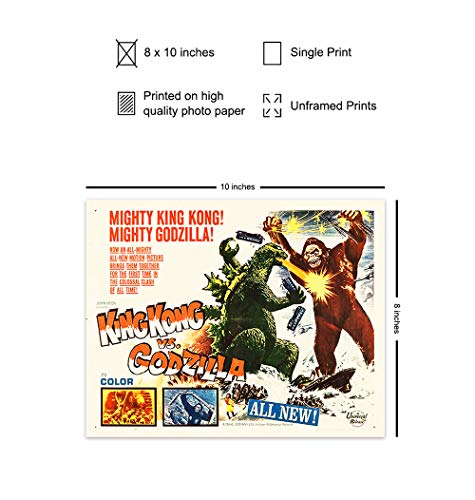 Image of Godzilla Vs Kong - Horror Movie Poster - 8x10 Classic Monster Movies - Vintage Scary Movie Wall Art Decor - Home Theater Room, Boys Bedroom, Man Cave Decorations - Godzilla - King Kong