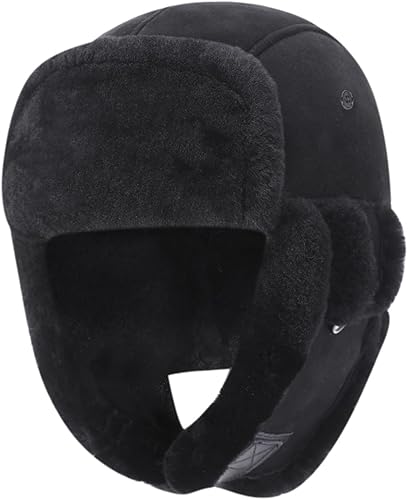 Harssidanzar Aviator Hat for Men Women Genuine Sheepskin Shearling Leather Winte