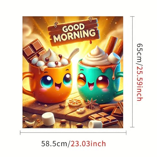 Image of HOMETITUTE Good Morning Magnetic Dishwasher Cover 23x26 Inch Cartoon Cup Cocoa Marshmallow Panel Sticker for Kitchen Fridge Door Appliance Magnet Decorative Breakfast Theme Wrap