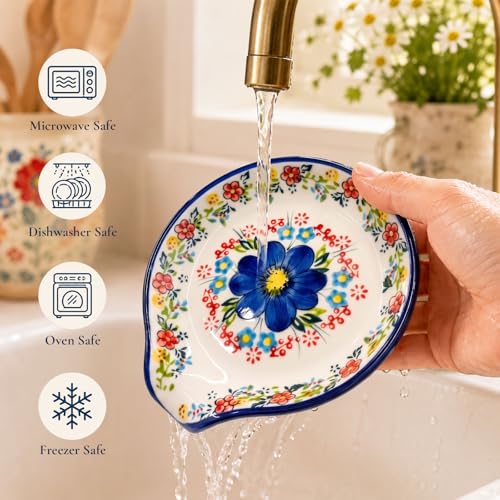 Image of Spoon Rest for Stove Top, 5 inch Hand-Painted Bule Flower Spoon Holder | Stable ceramic won't tip; glaze rinses clean, dishwasher safe. Holds spoons & spatulas, floral farm style, keeps stove tidy.