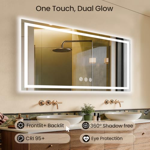 Image of 60x36 LED Bathroom Mirror with Anti-Fog, Backlit & Front Lit, Memory | Stepless Dimmable 3 Color CRI 95+ Shatterproof Tempered Glass ETL Listed for Safety Lighted Bathroom Vanity Mirror for Wall