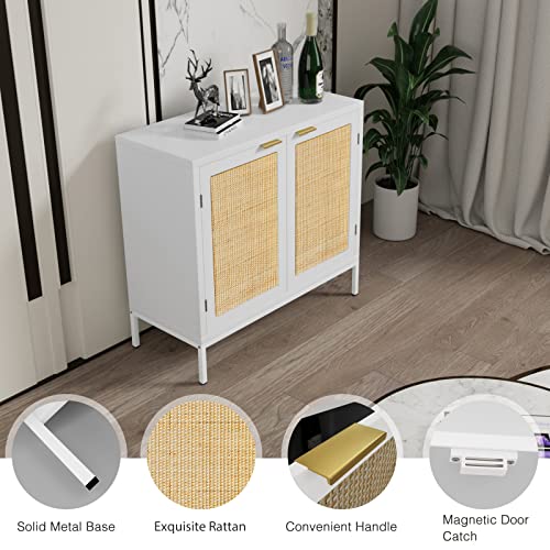 Anmytek Rattan Cabinet, White Sideboard Buffet With Storage Spacious Storage Cabinet With 2 Rattan Decorated Doors Fixed Shelf Large Space For Living Room Hallway Entryway Dining Room, H0012 #TOP3