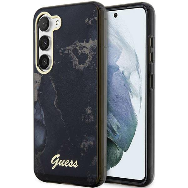 GUESS GUHCS23MHTMRSK Coque pour S23+ S916 Coque Rigide Noire Collection marbre doré