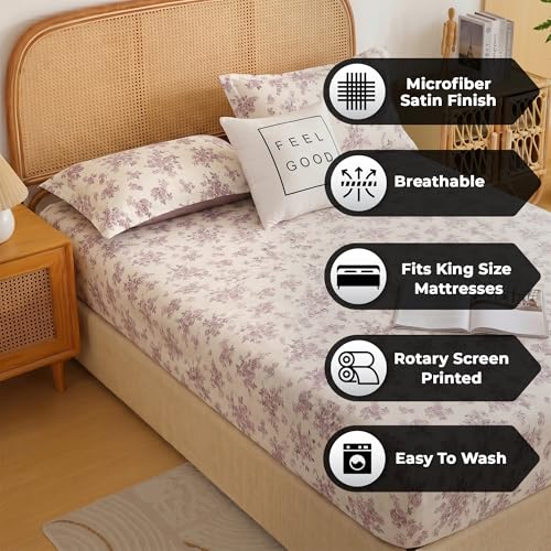 Image of Story@Home King Size Air Cotton Bedsheet 240 TC Fitted Sheet with 2 Pillow Covers, Soft & Durable Bed Sheet for King Bed (182 x 198 cm, Floral Print, Light Purple & White)