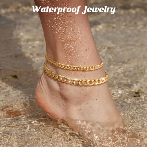 Image of DEARMAY Gold Ankle Bracelets for Women Waterproof, Non Tarnish 14K Gold Plated Beaded Link Chain Anklets, Layered Summer Beach Jewelry Gifts, Dainty Bikini Outfits for Vacation