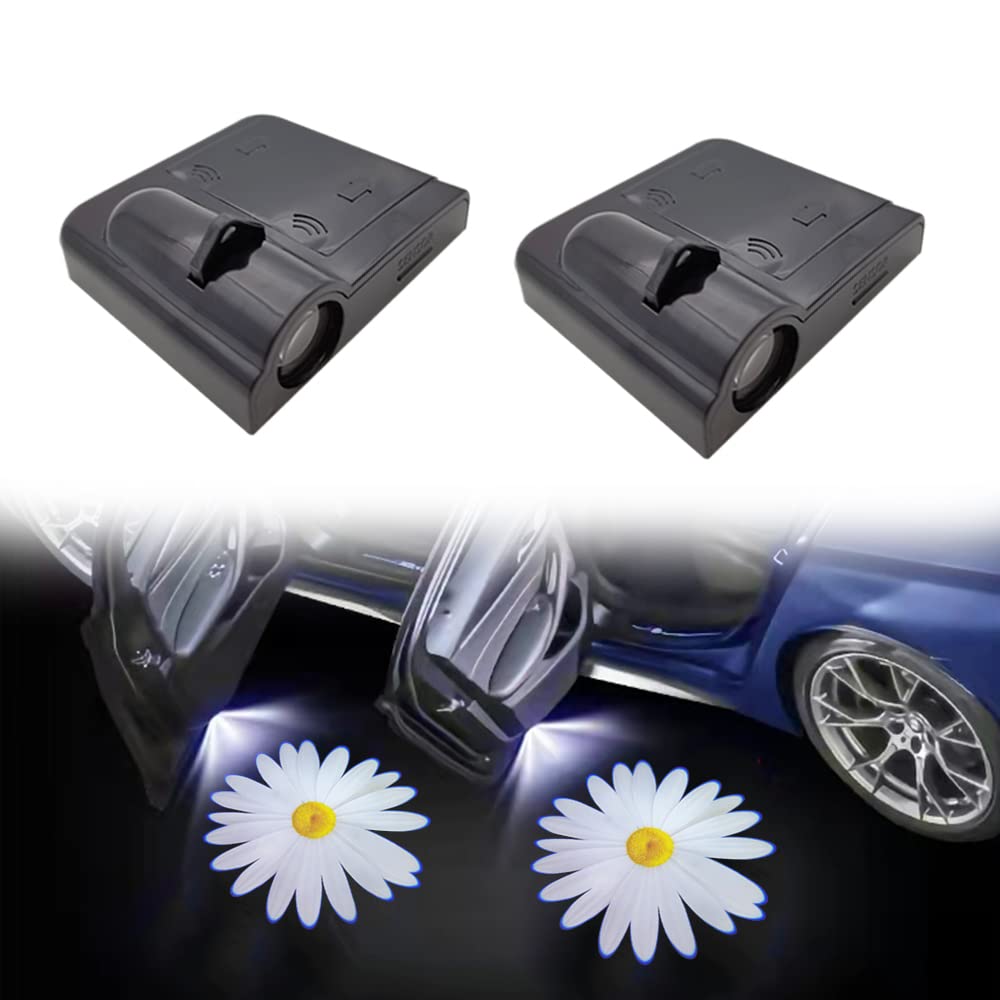 2pcs Universal Wireless Car Door Lights Car Projection Led Door Shadow Lights Welcome Courtesy Lights Emblem Logo for All car Models (Flower, White Daisy 01)