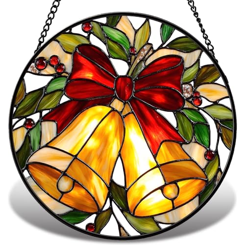 JAWNLITY Golden Bell Stained Glass Suncather for Window Hanging 6.3 Christmas Ornament Gift for Women Festive Wall Art Home Decoration Xmas Gift for Mom Grandma (Golden Bell 6.3)