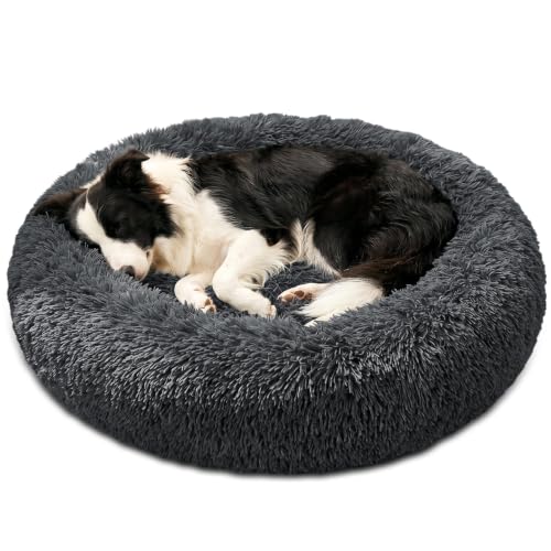 Image of JOLLYVOGUE Calming Washable Dog Bed Medium Size Dog, 31 Inch Donut Medium Dog Bed with Removable Cover, Anti-Slip Round Fluffy Faux Fur Bed, Fits up to 45 lbs Pets, Dark Grey