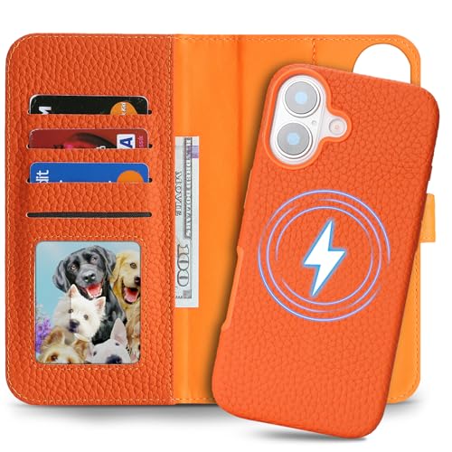 Image of Detachable Genuine Leather Case for iPhone 16 Wallet Case Magnetic 2in1 Removable Flip Cover Book Purse Compatible with Magsafe Charging Kickstand Card Holder-Orange