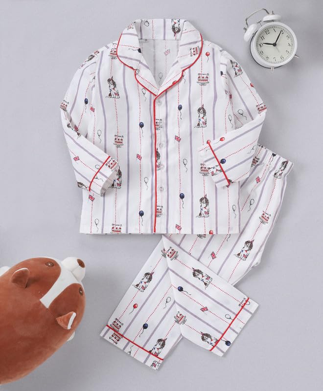 Image of Girls Premium Cotton Full Sleeves Printed Nightsuit Set | Collar Style Night Dress for Girls | Soft & Breathable Pajama Set | Trendy Kids Sleepwear & Nightwear