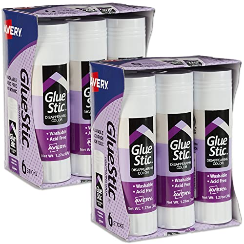 Avery Glue Stick Disappearing Purple, Washable, Permanent, 6 Per Pack, 2 Packs, 12 Total (98071)