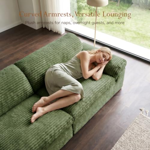Image of Vesgantti 118 inch Boneless Couches for Living Room, Cloud Sectional Couch & Deep Seat, 3 Seater Comfy Corduroy Modular Sofa, Modern Slouch Couch, No Assembly Required, Green