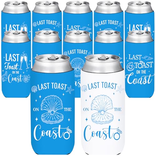 Last Toast On The Coast Bachelorette Can Coolers - 12 Pack Blue Beach Bachelorette Party Decoration Slim Beer Cans Cooler Sleeves for Bride Bridesmaid Bridal Shower Beach Coastal Party Favors Gifts