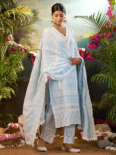 Image of INDO ERA Women's Straight Pure Cotton Ethnic Motifs Embroidered Kurta & Pant with Dupatta Set (IEOUT10190)