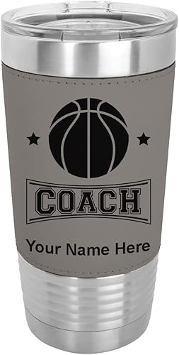 LaserGram Vaso aislado al vacío de 20 onzas entrenador de baloncesto grabado personalizado incluido piel sintética gris