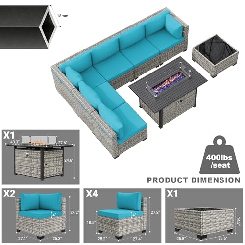 Image of 8-Piece Modern Patio Conversation Set with 55,000 BTU Fire Pit Table, Thick Cushions, Dual-Strand Wicker Rattan, Rust-Resistant Frame, Lake Blue