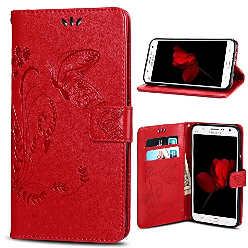 SpiritSun Housse Samsung J3 (2016), Etui en PU Cuir Portefeuille Coque Protection pour Samsung Galaxy J3 (2016) Fleur et Papillon Modèle Case avec Fonction Support Stand (Rouge)