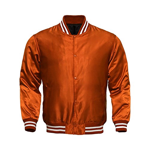 Genz Men Women Bomber Jacket Satin Polyester Vintage Army Biker Retro Zip Up Casual Coat (ORANGE, SMALL)