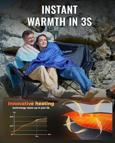 Image of KingCamp Heated Double Camping Chair, Oversized 880lbs Heavy Duty Loveseat for Adults Portable Folding XL 2 Person Couch Padded Comfortable with 3 Heat Levels for Outdoor Sports Lawn, Black /Grey