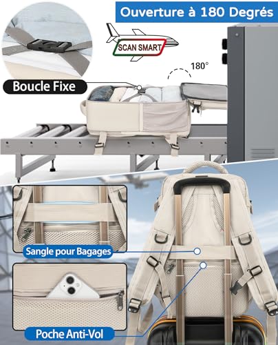 KLOSTAIN Sac à Dos Voyage Cabine Avion 45x36x20 pour Easyjet 30L Bagage Cabine Grande sous Siège Bagage à Main Homme Femme Sac à Dos pour Ordinateur Portable 15.6 Pouces Couleur Beige – Image 3
