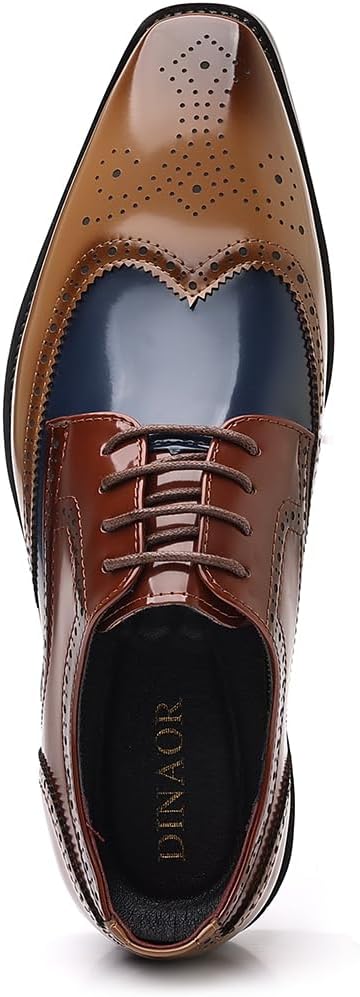 Men's Brogue Oxfords Brown Blue Color Block Patent Lace Up Dress Shoes Vintage English Style Business Wedding