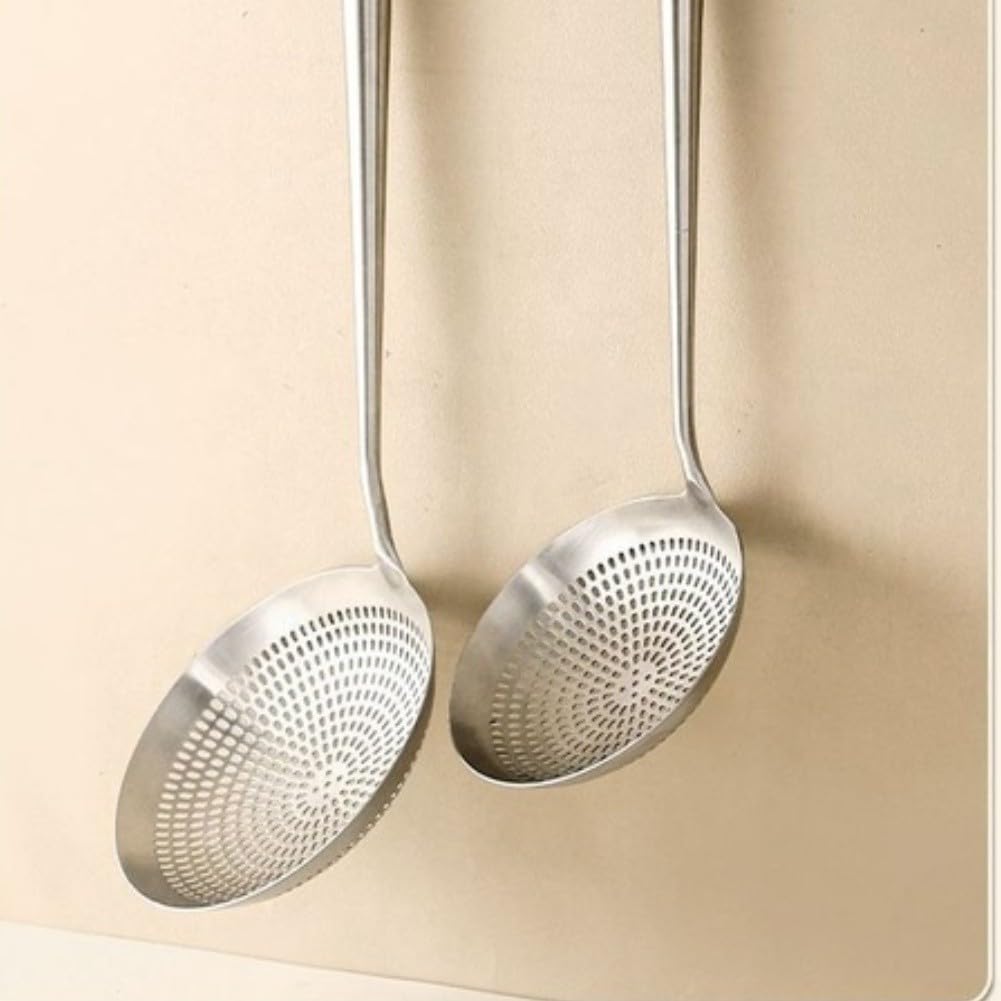 Großer Sieblöffel aus 304 Edelstahl mit langem für griff, feinmaschiges Küchensieb zum Abtropfen von Nudeln und Gemüse, hitzebeständiger Schaumlöffel für Frittieren und Kochen,(18CM)