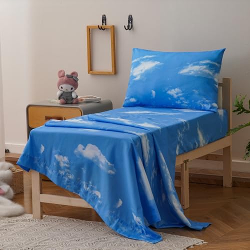 Image of Luxlovery Toddler Comforter Set White Blue Cloudy Kids Bedding Set Bed Set for Dorm 4 Pieces (1 Comforter, 1 Flat Sheet, 1 Fitted Sheet, 1 Pillowcase)