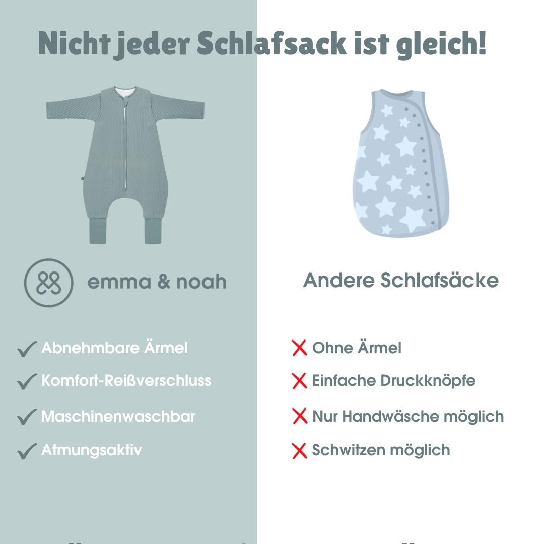 emma & noah Baby Schlafsack – Extra warm & kuschelweich für kalte Nächte – 3.5 TOG, mit Füßen & abnehmbaren Ärmeln, Bio-Baumwolle