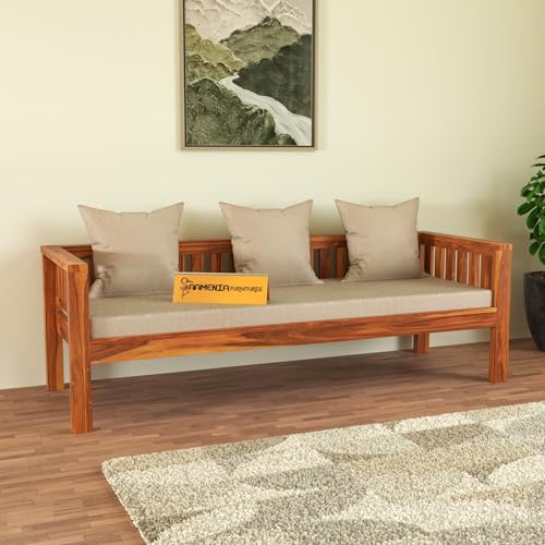 Image of Solid Wood Sheesham 3 Seater Low Height Sofa | Three Seater Sofa for Living Room, Home, Office Furniture with Beige Cushion - Honey Finish