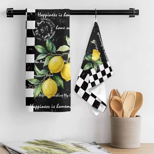 Image of Kitchen Towels Yellow Lemon Dish Cloths Black White Buffalo Check Plaid Dish Towel Cleaning Cloth Ultra Soft Absorbent Quick Drying 3 Pack Hand Towels for Kitchen, Bathroom