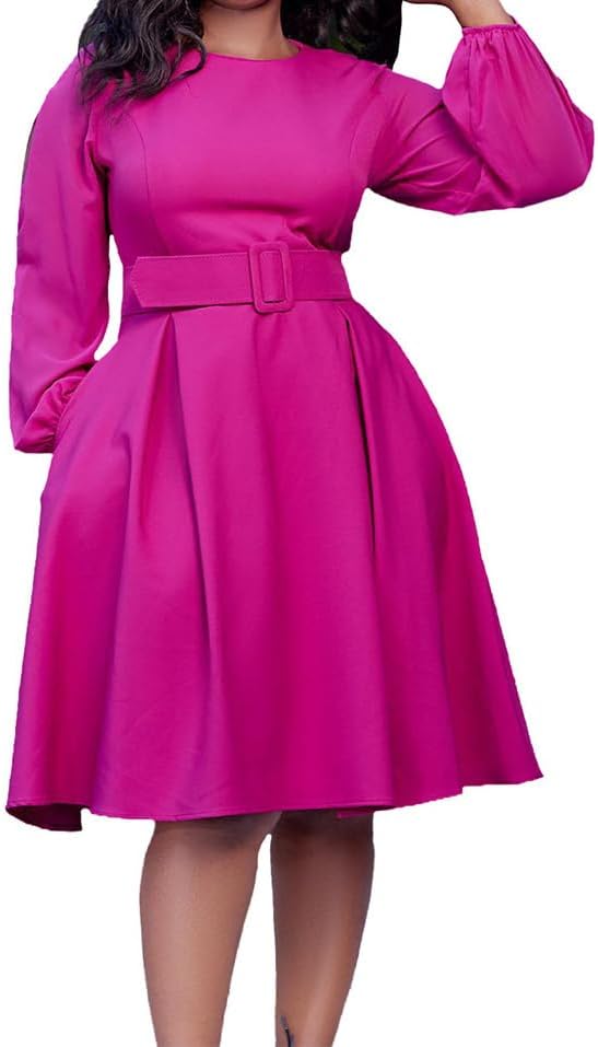 Elainone Women Long Sleeve A Line Dress with Belt Church Wedding Guest Semi Formal Office Dresses