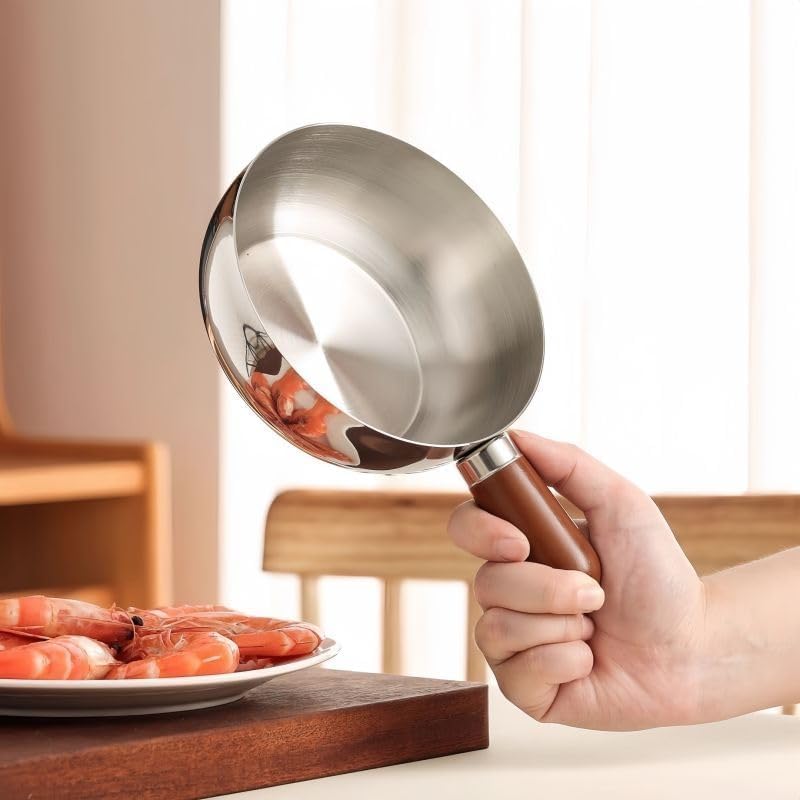 Image of Mini Oil pan for Home, Stainless Steel Tadka Pan with Wooden Handle | Heavy Base Small Saucepan for Tempering, Melting Butter, Heating Milk & Cooking | Gas & Induction Compatible (Pack of 1)