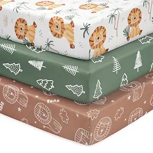 Baby Mini Crib Sheets Boy, Portable 38”x26” Pack and Play Sheets Fitted for Playard and Pack N Play Mattress, 3-Pack Soft Microfiber Brown Lion