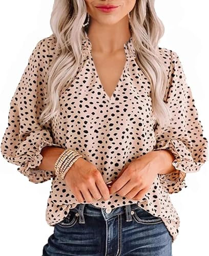 Avanova Women Leopard Print Ruffle V Neck Top 3/4 Long Sleeves Work Business Blouses Shirt