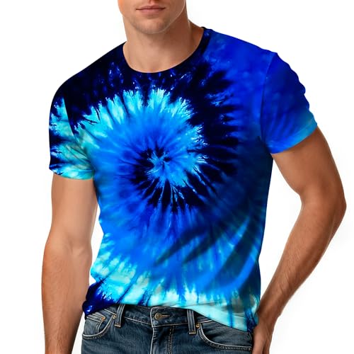 Harycnct Dark Blue Tie Dye Shirts Mens Spiral Neon Tie-Dye Tshirt Outfit 60S 70S Hippies Tiedye Tee Tops Clothes XX-Large