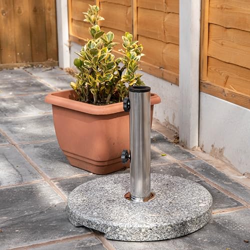 Samuel ALEXANDER Round Granite Parasol Base 15kg Heavy Duty Garden Umbrella Parasol Stand Holder Weight in Grey & White 25mm to 49mm Adapter for Parasol Poles